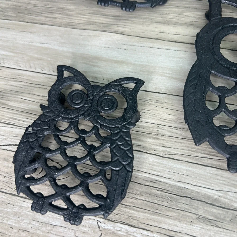 Vintage Owl Trivet Set Cast Iron Taiwan Kitchy Bird Decor Cottage Rustic Goth